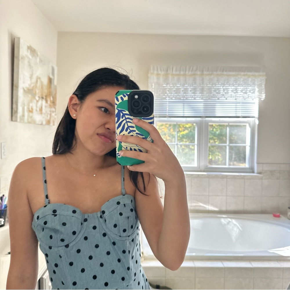 LPA Size M denim Blue/  black polka dot dress with adjustable straps & underwire